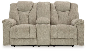 Hindmarsh - Stone - Power Reclining Loveseat with Console/ Adj Hdrst