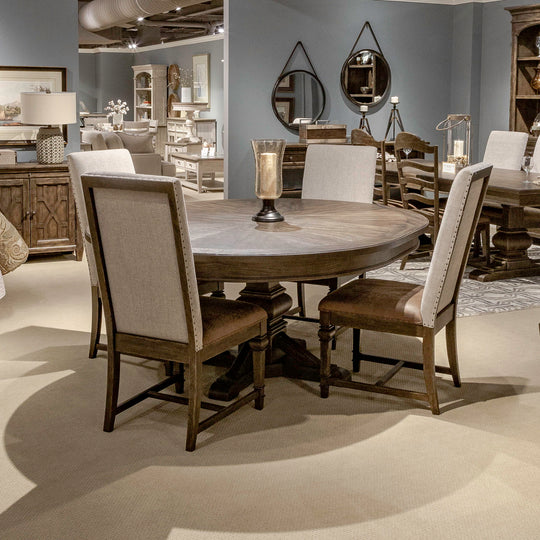 Paradise Valley - 5 Piece Pedestal Table Set (Upholstered Side Chairs) - Dark Brown