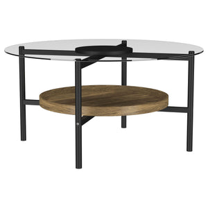 Delfin - Round Glass Top Coffee Table With Shelf - Black / Brown