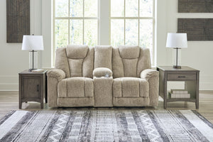 Hindmarsh - Stone - Power Reclining Loveseat with Console/ Adj Hdrst