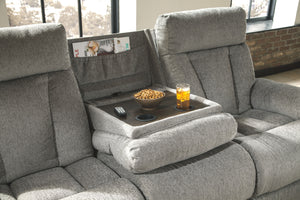 Mitchiner - Fog - REC Sofa w/Drop Down Table