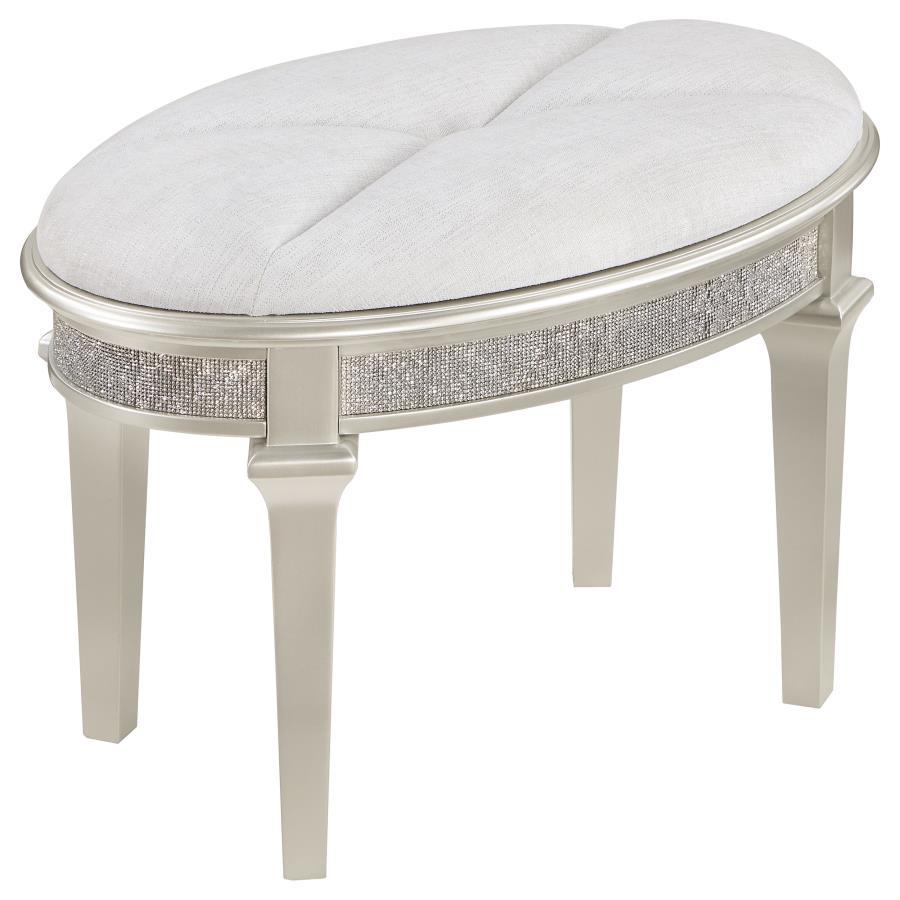 Evangeline - Oval Vanity Stool With Faux Diamond Trim - Silver and Ivory