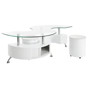 Buckley - Curved Glass Top Coffee Table With Stools - White High Gloss