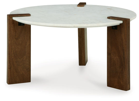 Isanti - Round Cocktail Table - White / Brown