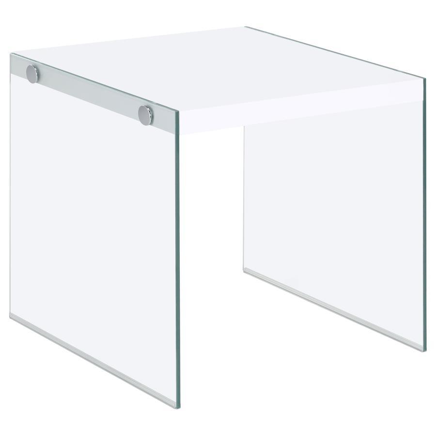 Opal - Square End Table With Clear Glass Legs - White High Gloss