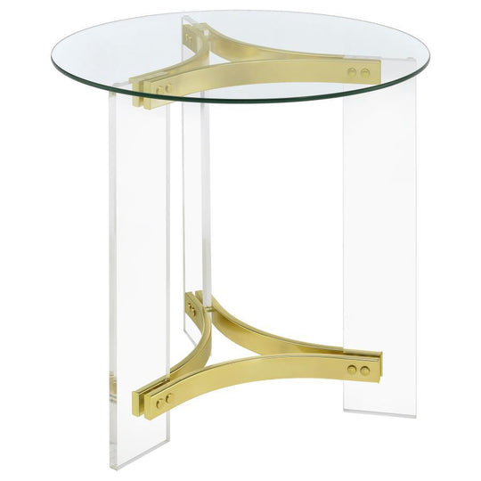 Janessa - Round Glass Top Acrylic Leg End Table - Matte Brass