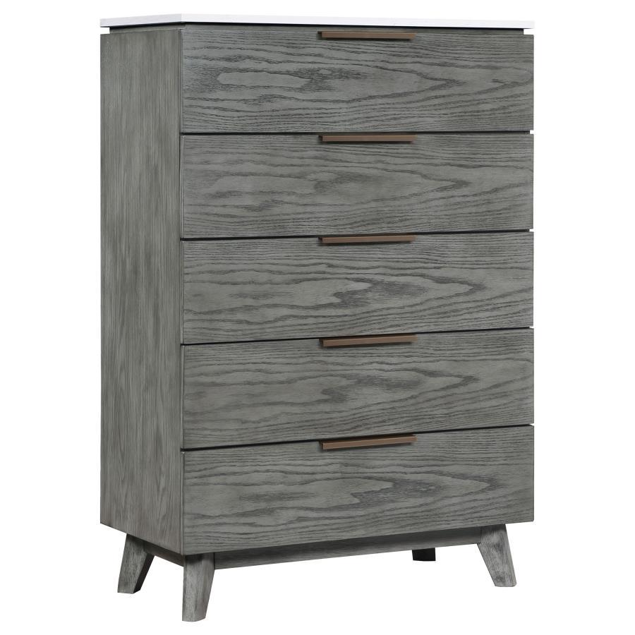 Nathan - 5-Drawer Chest - White Marble and Grey