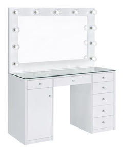 Acena - 7-Drawer Glass Top Vanity Desk With Lighting - White