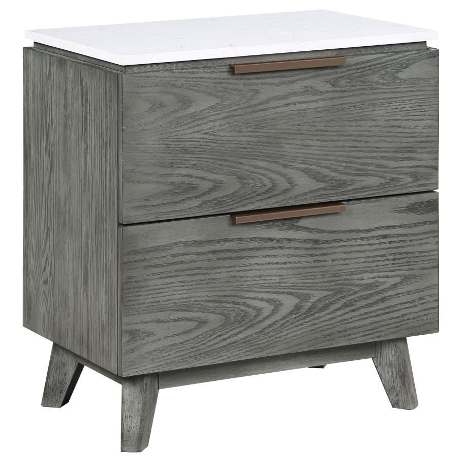 Nathan - 2-Drawer Nightstand With USB Port - White Marble and Grey